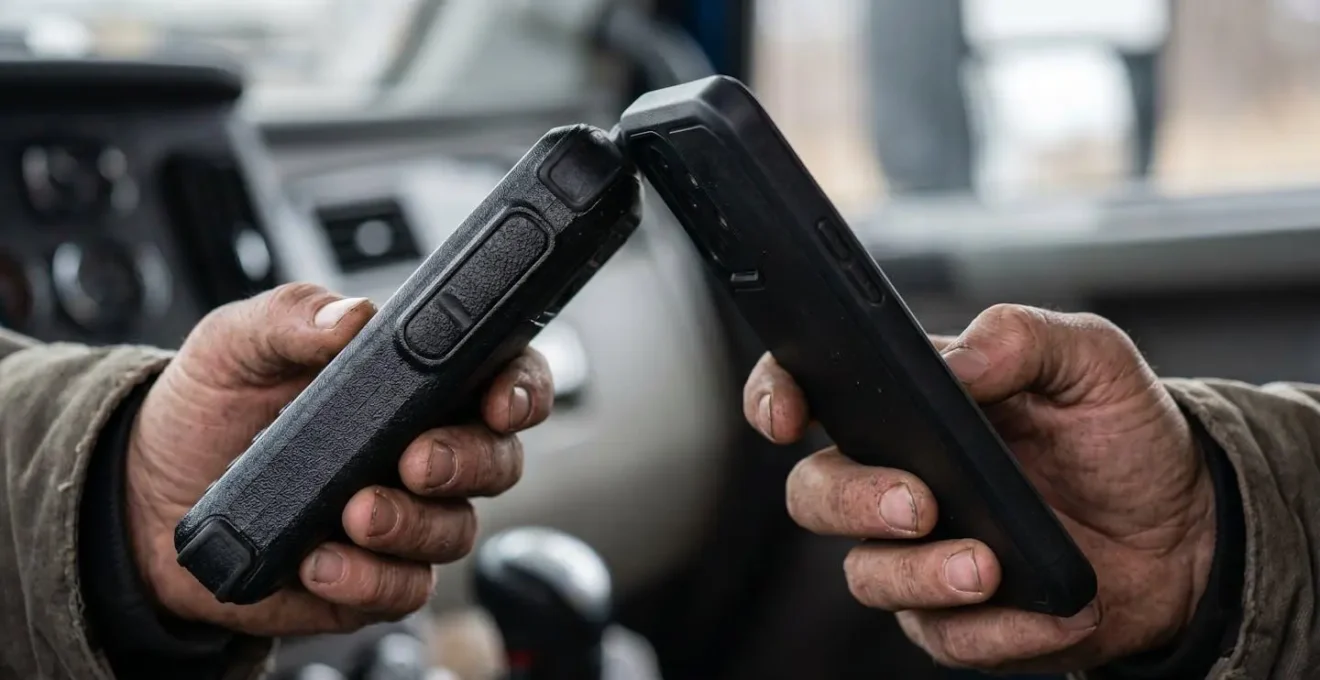 Mains comparant un smartphone professionnel et un terminal embarqué dans une cabine de camion