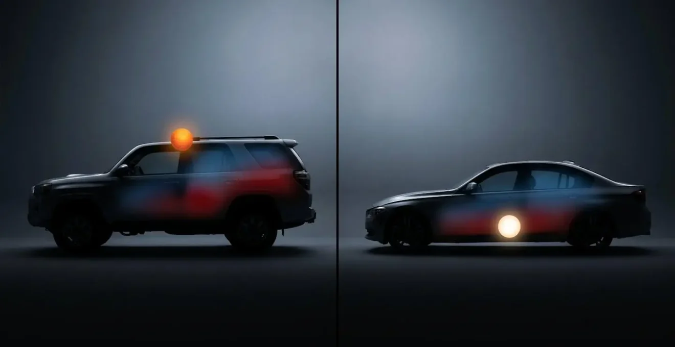 Comparaison visuelle du centre de gravité entre un SUV et une berline avec charge arrière