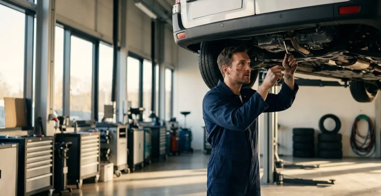 Utilitaire professionnel dans un atelier de transformation avec mécanicien travaillant
