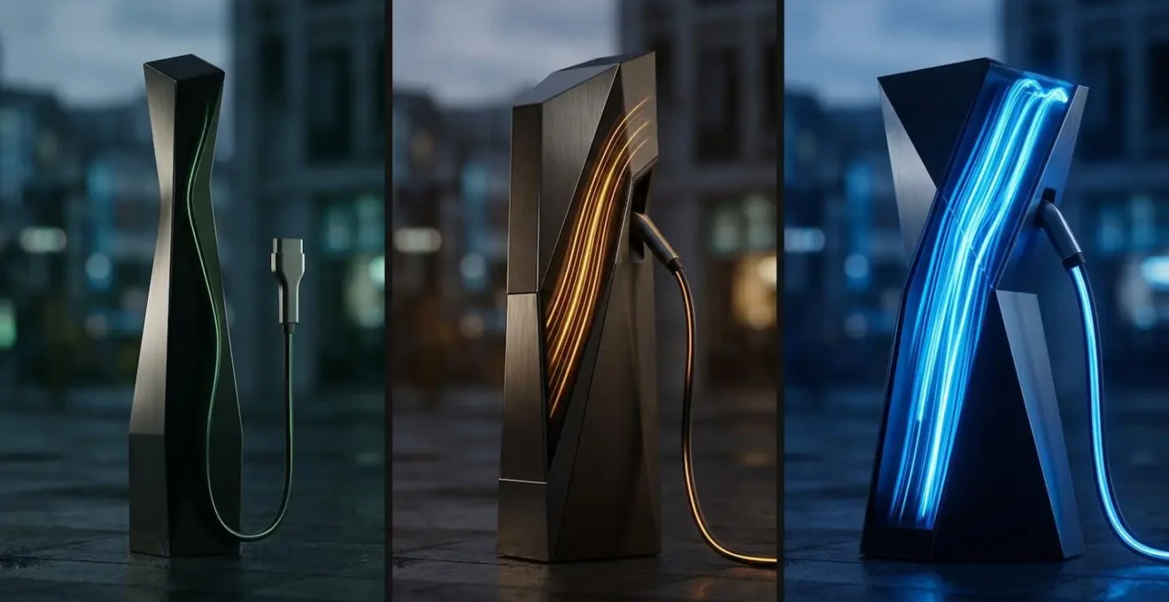 Comparaison visuelle de différents types de bornes de recharge en milieu urbain