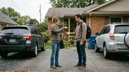 Un couple échange les clés de voiture devant leur maison dans la lumière matinale