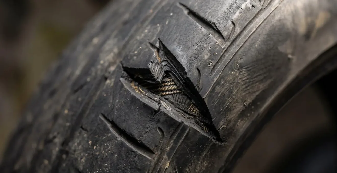 Gros plan sur un flanc de pneu lacéré montrant les marques caractéristiques d'un vandalisme