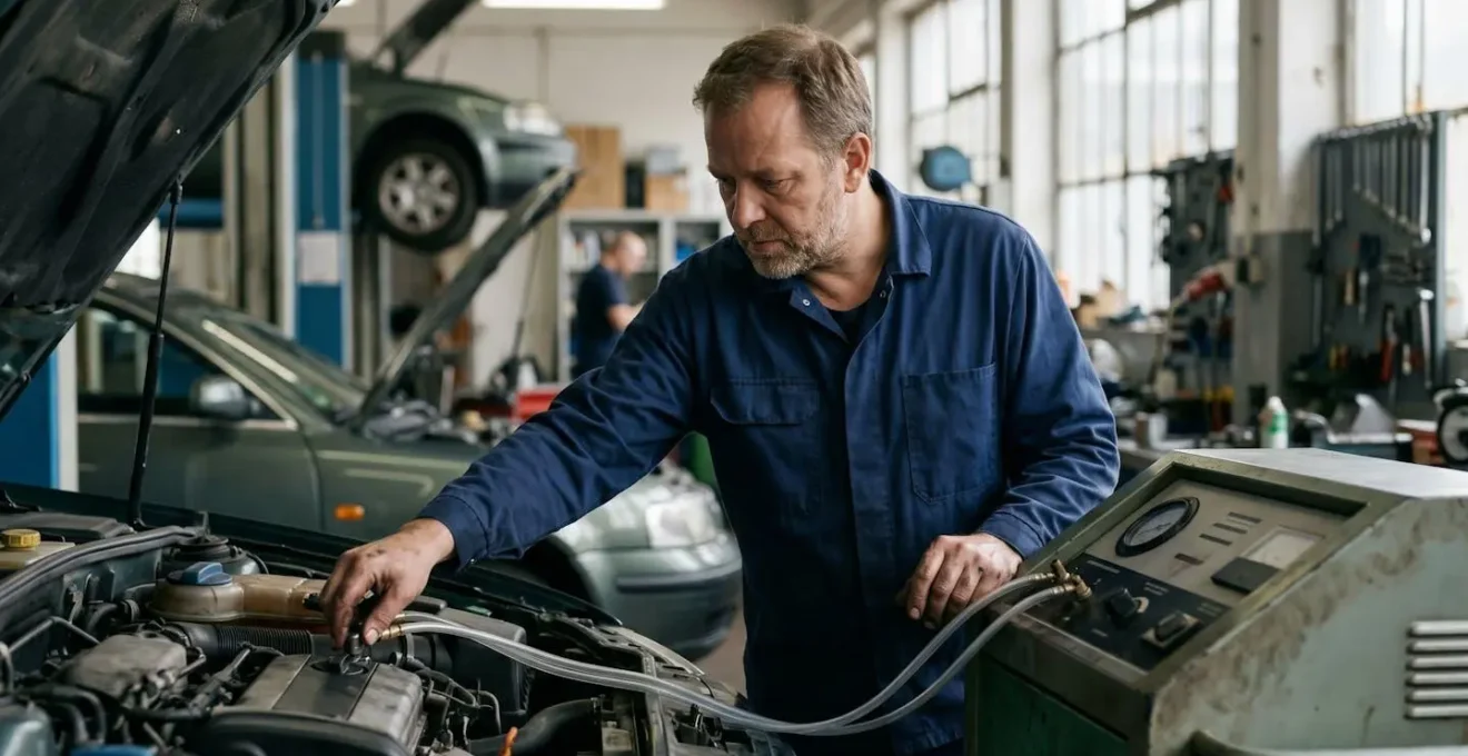 Station de décalaminage hydrogène connectée à un moteur dans un atelier professionnel