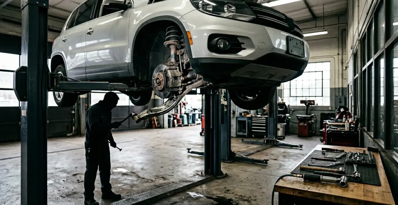 Mécanicien inspectant les dommages de suspension sous une voiture après impact avec nid-de-poule