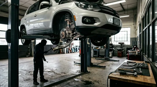Mécanicien inspectant les dommages de suspension sous une voiture après impact avec nid-de-poule