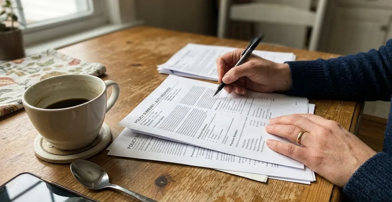 Des mains consultent des documents d'assurance sur une table de cuisine avec une tasse de café visible