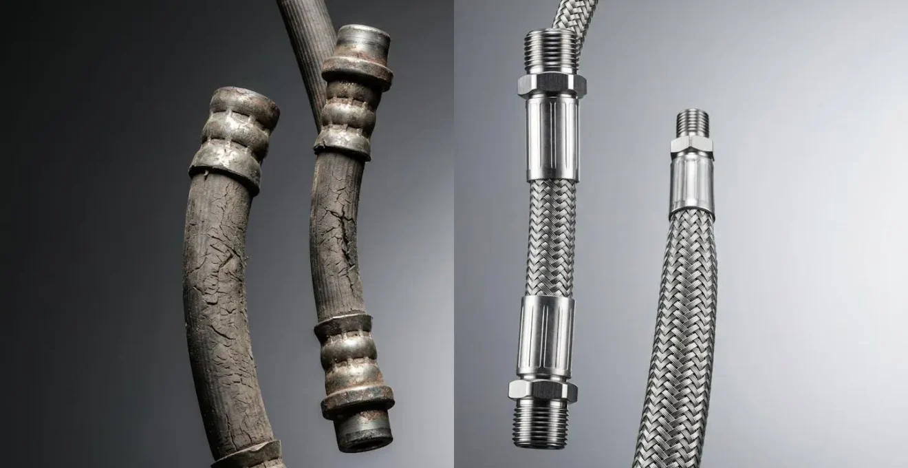 Comparaison entre durite de frein standard en caoutchouc et durite aviation en acier inoxydable tressé