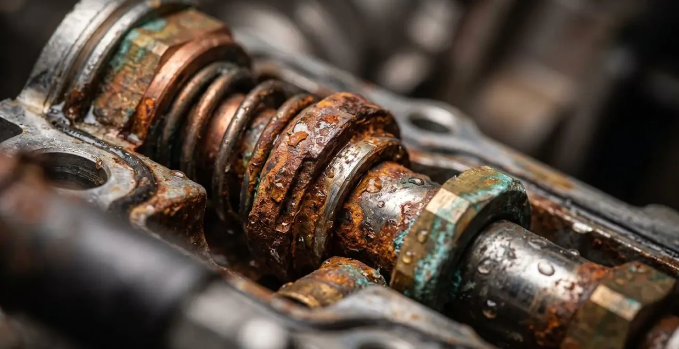 Vue macro d'électrovannes ABS corrodées par l'humidité du liquide de frein