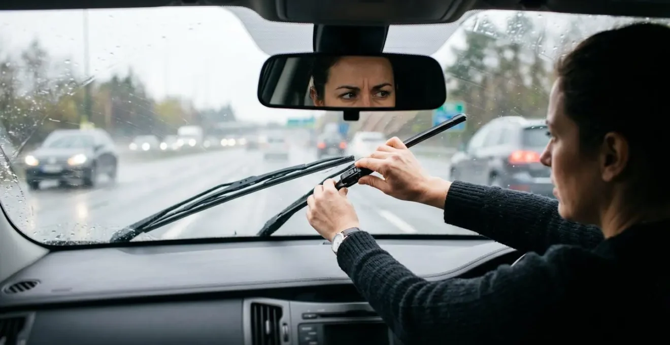 Vue latérale d'un pare-brise de voiture avec essuie-glaces profilés mal positionnés créant une perturbation du flux d'air