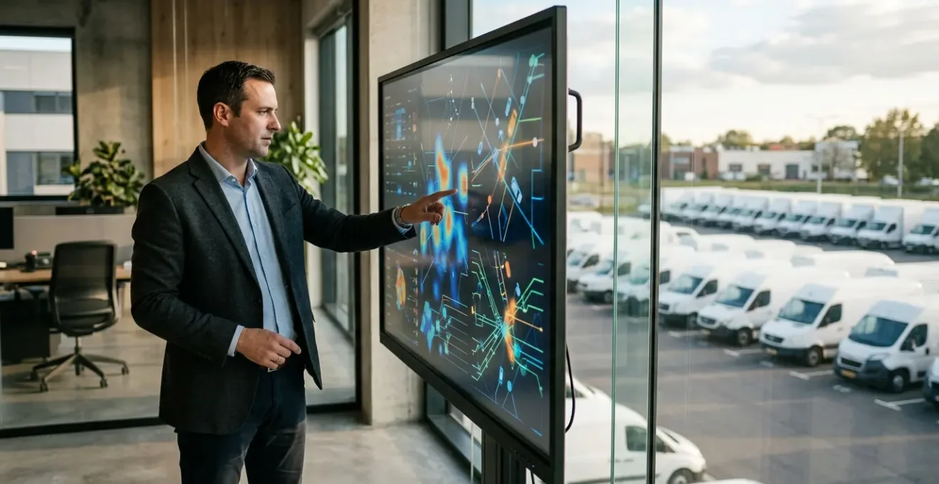 Gestionnaire de flotte consultant un tableau de bord de géolocalisation dans un bureau moderne avec vue sur un parking de véhicules utilitaires