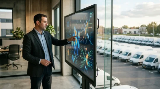 Gestionnaire de flotte consultant un tableau de bord de géolocalisation dans un bureau moderne avec vue sur un parking de véhicules utilitaires