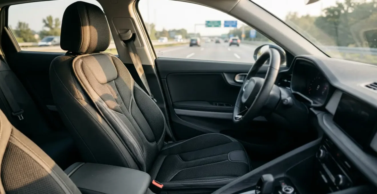 Intérieur de voiture moderne avec housse ergonomique sur le siège conducteur pour soulager les douleurs sciatiques