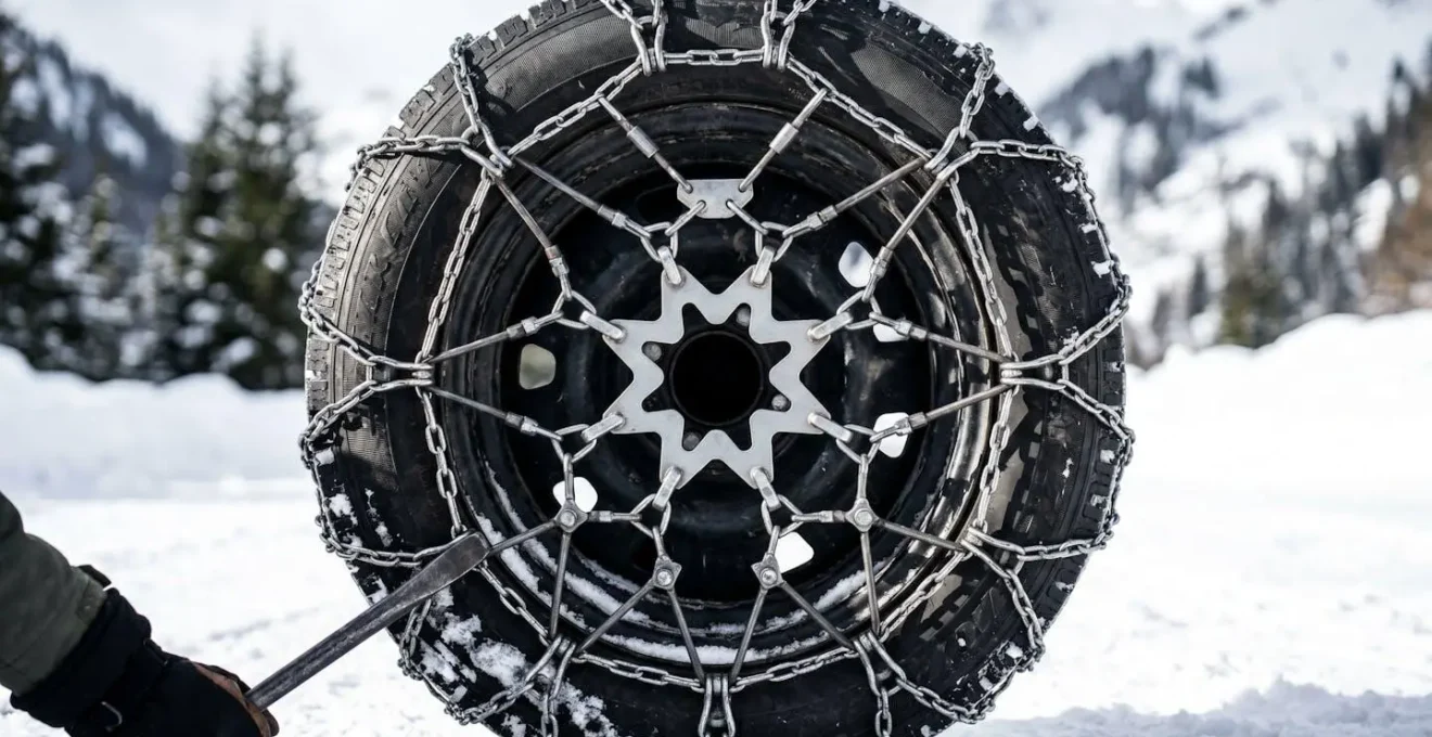 Installation de chaînes à neige de type araignée sur la roue d'une voiture dans un décor enneigé.
