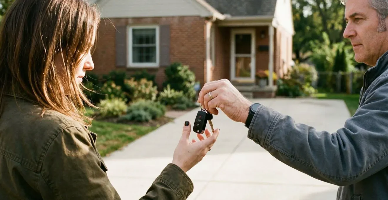 Jeune adulte souriant recevant les clés d'une voiture des mains d'un parent, scène extérieure devant une maison ordinaire