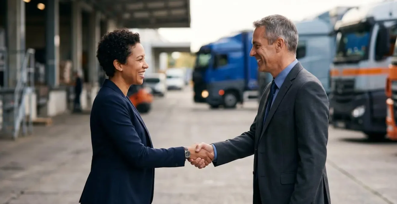 Poignée de main professionnelle entre deux personnes avec camions en arrière-plan flou