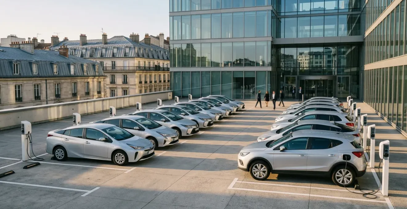 Parc automobile commercial moderne avec véhicules hybrides alignés devant un bâtiment d'entreprise français