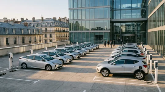 Parc automobile commercial moderne avec véhicules hybrides alignés devant un bâtiment d'entreprise français