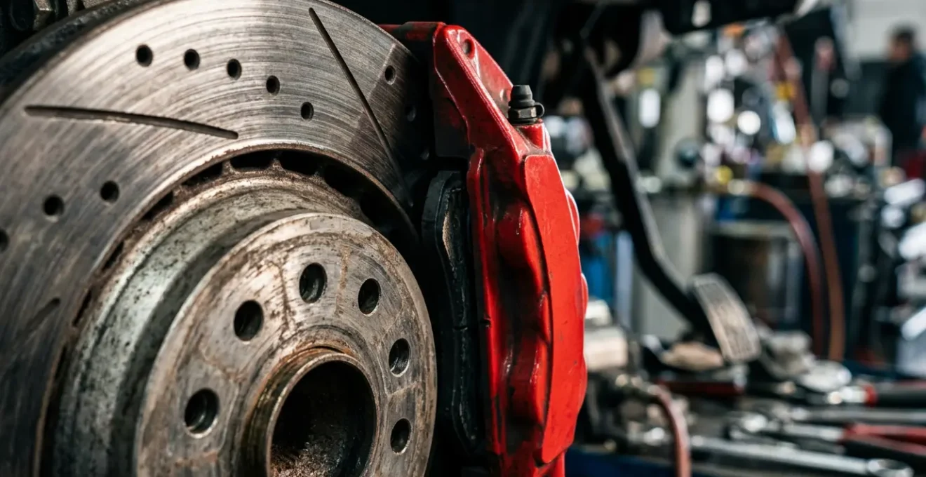 Gros plan sur un système de freinage automobile avec disque ventilé et étrier rouge, pédale de frein visible en arrière-plan