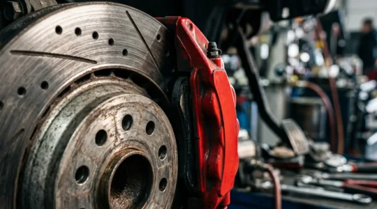 Gros plan sur un système de freinage automobile avec disque ventilé et étrier rouge, pédale de frein visible en arrière-plan