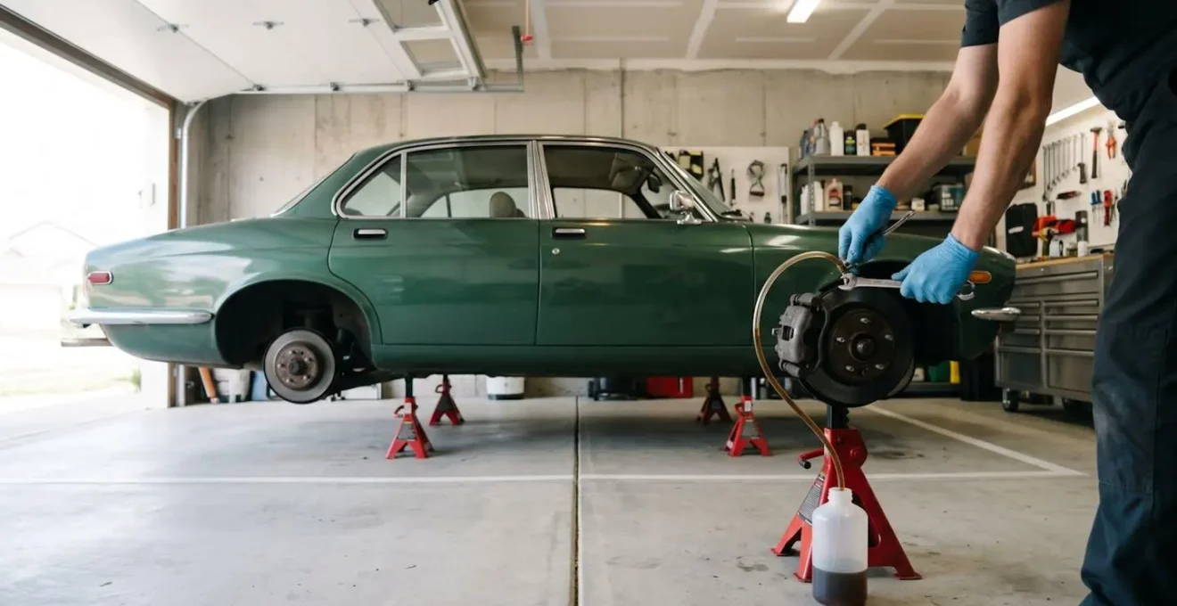 Vue large d'un garage avec mécanicien utilisant un purgeur de frein automatique connecté à une roue