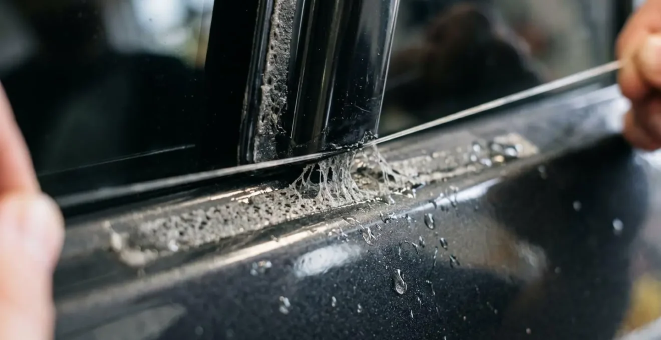 Gros plan macro sur l'utilisation d'un fil de pêche pour retirer un déflecteur d'air de voiture