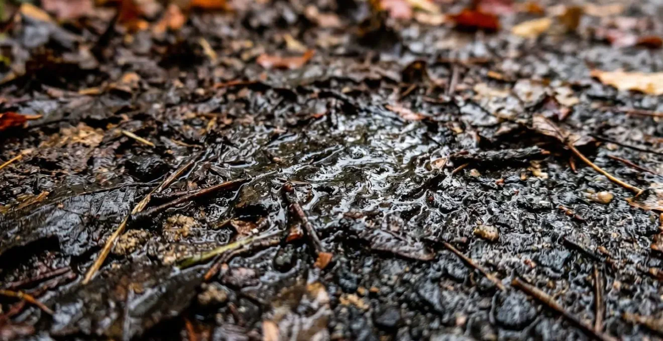 Vue macro d'une surface routière avec mélange de feuilles décomposées et d'asphalte humide