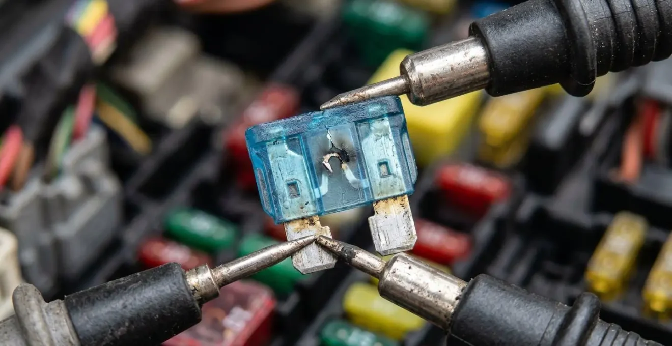 Vue macro d'un fusible automobile avec testeur de continuité