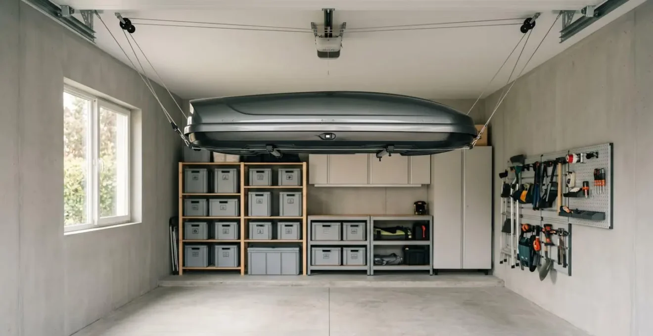 Coffre de toit suspendu au plafond d'un garage organisé avec système de poulies