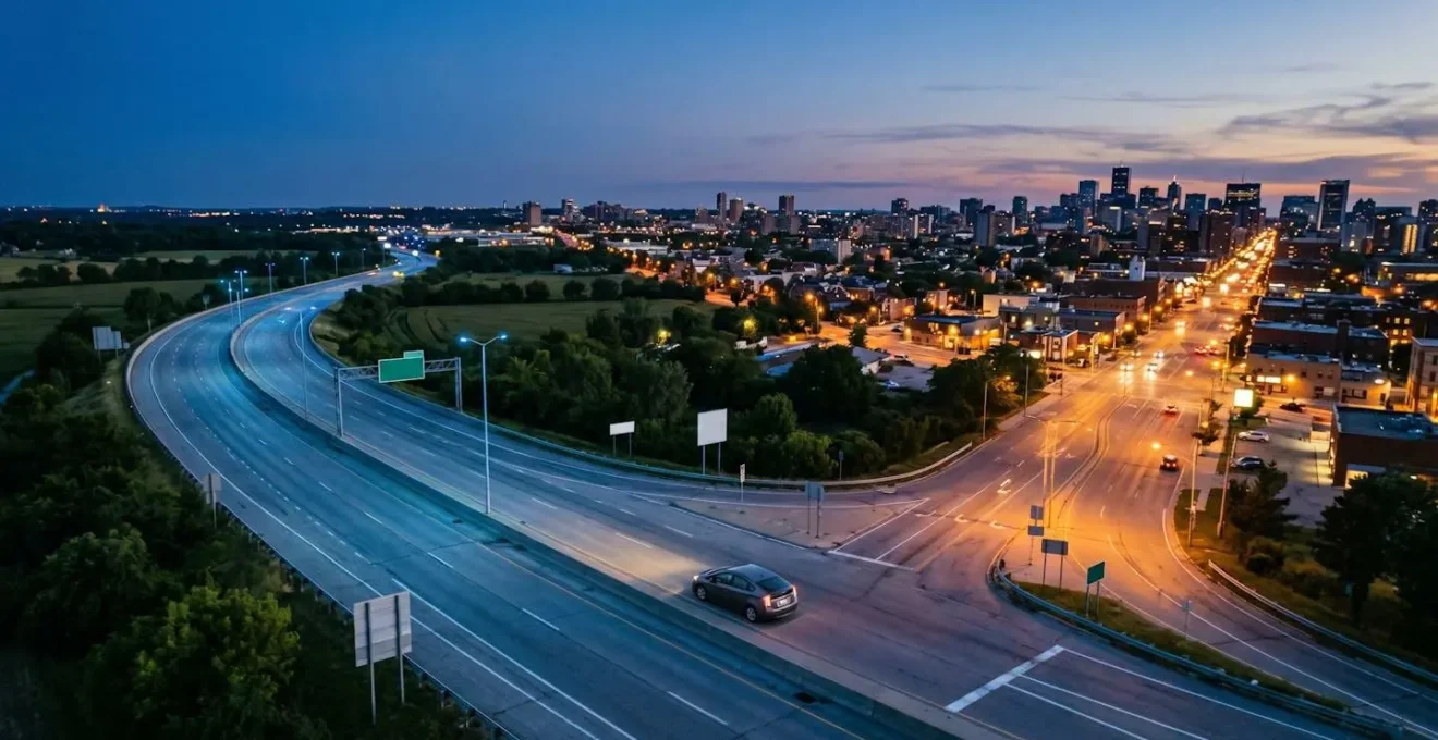 Vue aérienne d'une transition autoroute vers zone urbaine avec visualisation énergétique