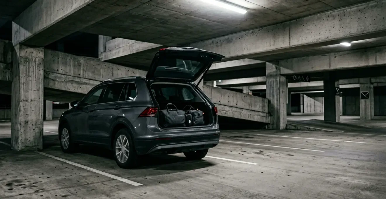 SUV familial moderne dans un parking souterrain avec coffre ouvert montrant l'espace de rangement