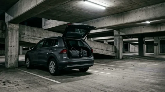 SUV familial moderne dans un parking souterrain avec coffre ouvert montrant l'espace de rangement