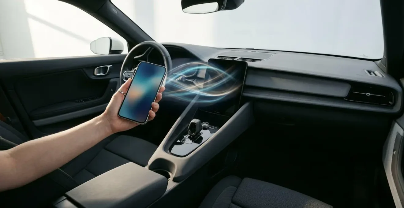 Main tenant un smartphone près d'un tableau de bord automobile avec symboles de connexion Bluetooth