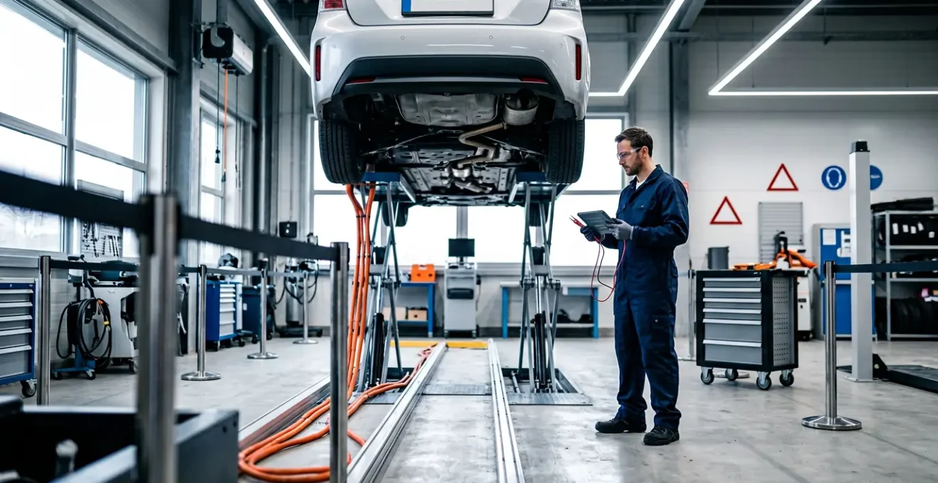 Vue d'atelier automobile moderne avec véhicule hybride sur pont élévateur, zone sécurisée avec équipements haute tension et technicien en formation