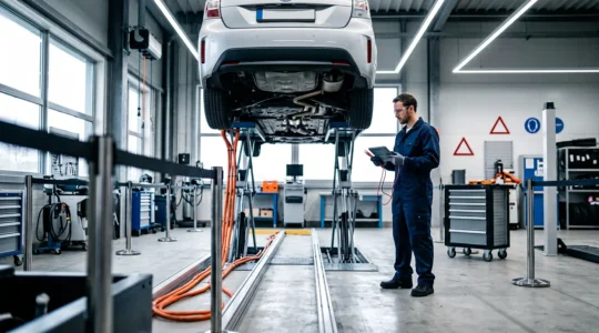 Vue d'atelier automobile moderne avec véhicule hybride sur pont élévateur, zone sécurisée avec équipements haute tension et technicien en formation