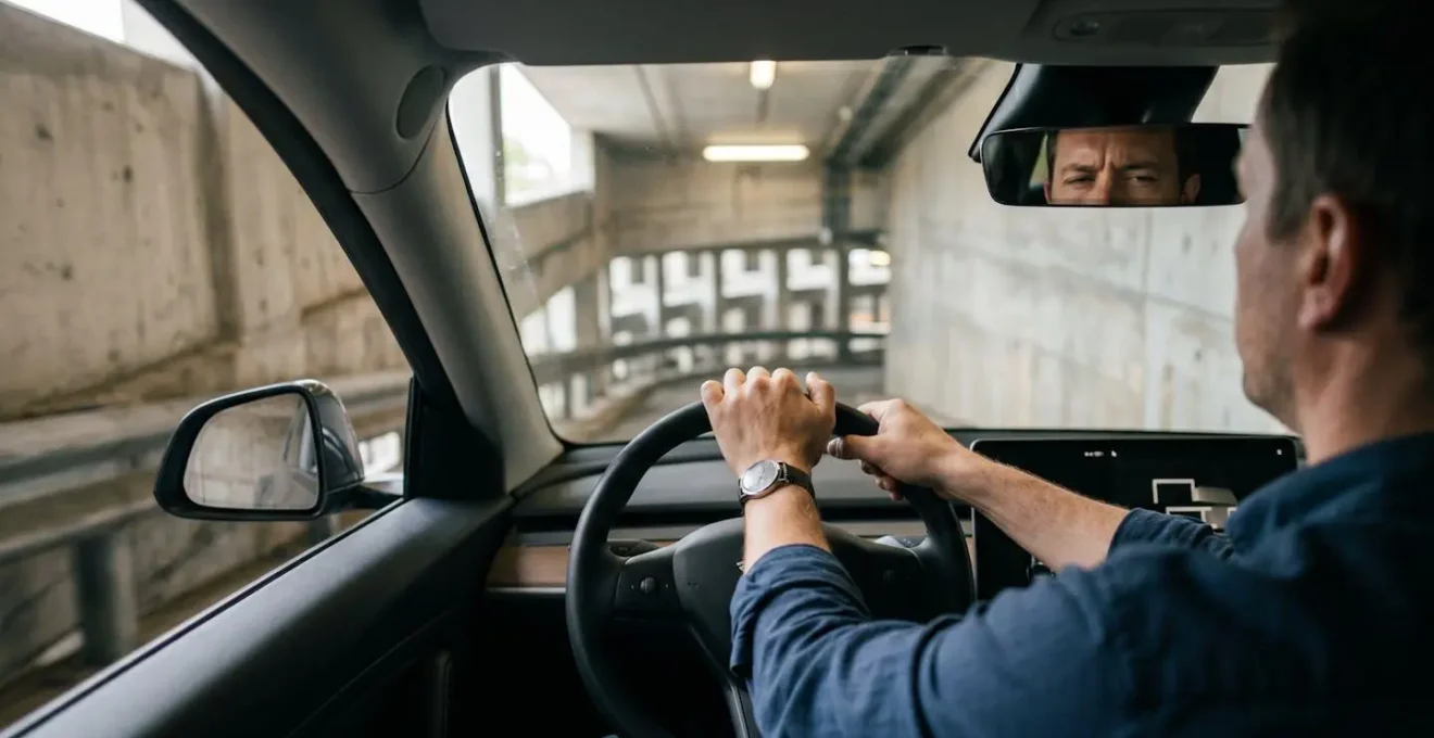 Vue arrière d'un SUV négociant une rampe hélicoïdale étroite dans un parking souterrain