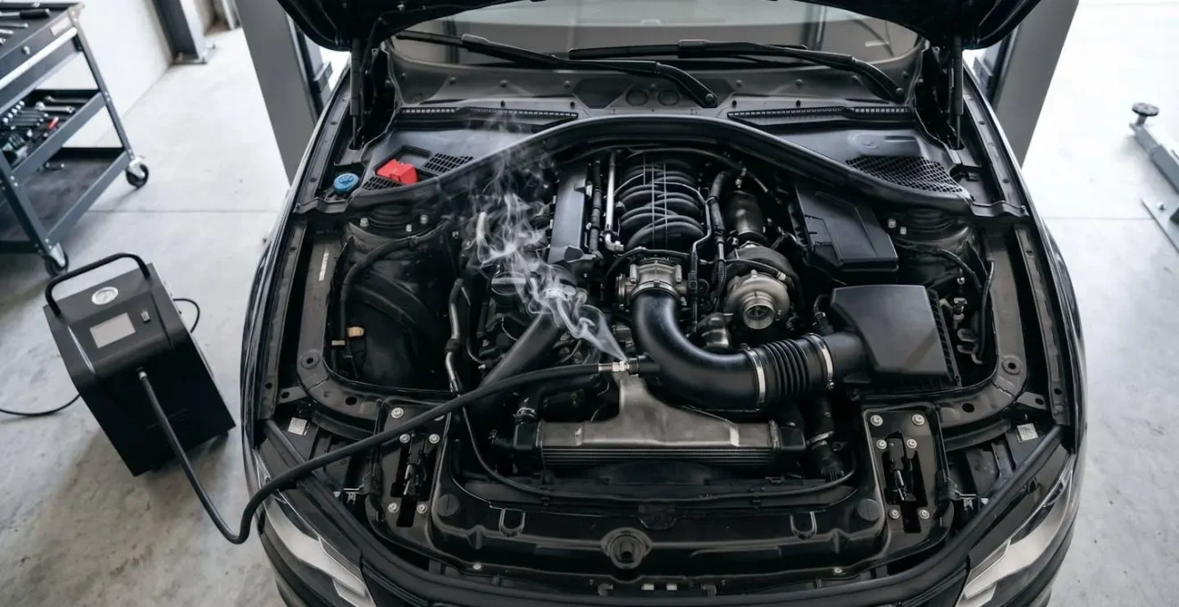 Machine à fumée diagnostique connectée au système d'admission d'un moteur turbo