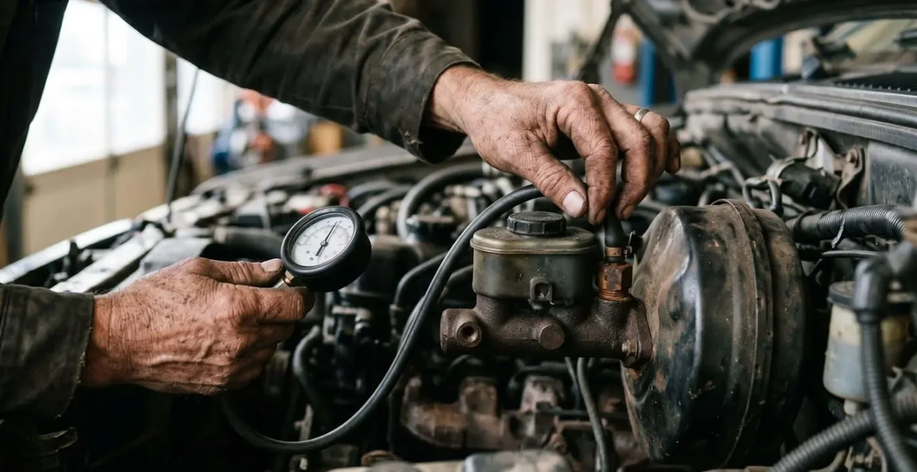 Vue rapprochée d'un servofrein avec tuyau de dépression dans un compartiment moteur