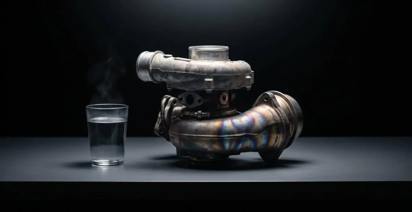 Vue latérale d'un turbocompresseur avec vapeur de chaleur visible
