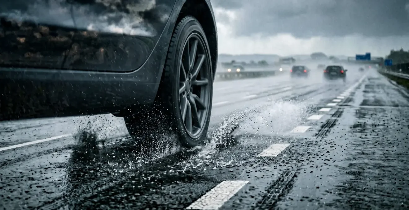 Véhicule en situation d'aquaplaning sur autoroute mouillée avec gerbe d'eau sous les pneus