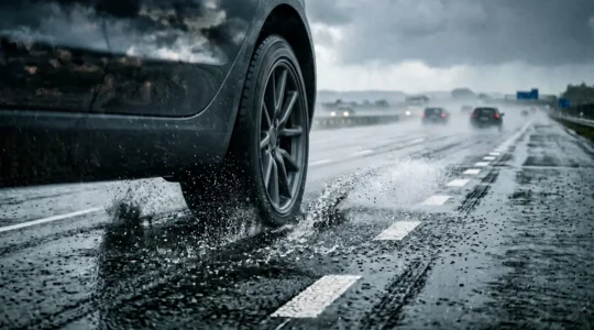 Véhicule en situation d'aquaplaning sur autoroute mouillée avec gerbe d'eau sous les pneus