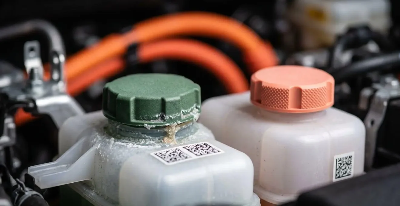 Gros plan sur deux réservoirs de liquide de refroidissement avec codes couleur distincts dans compartiment moteur hybride