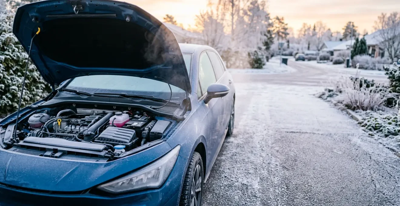 Préparation automobile hivernale avec capot ouvert montrant batterie et liquides