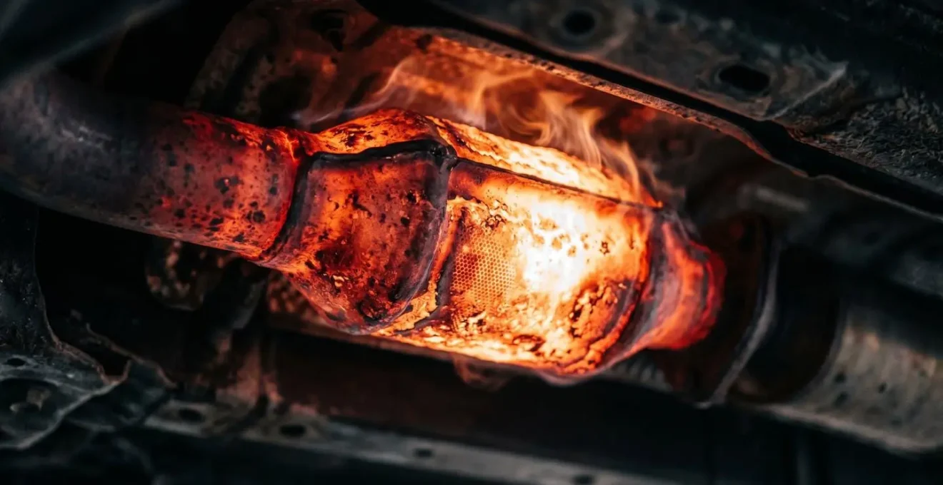 Gros plan sur un pot catalytique rougeoyant sous un véhicule avec effet de chaleur intense