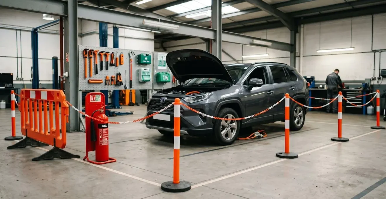 Vue large d'une zone d'intervention sécurisée avec balisage, équipements de protection et véhicule hybride isolé