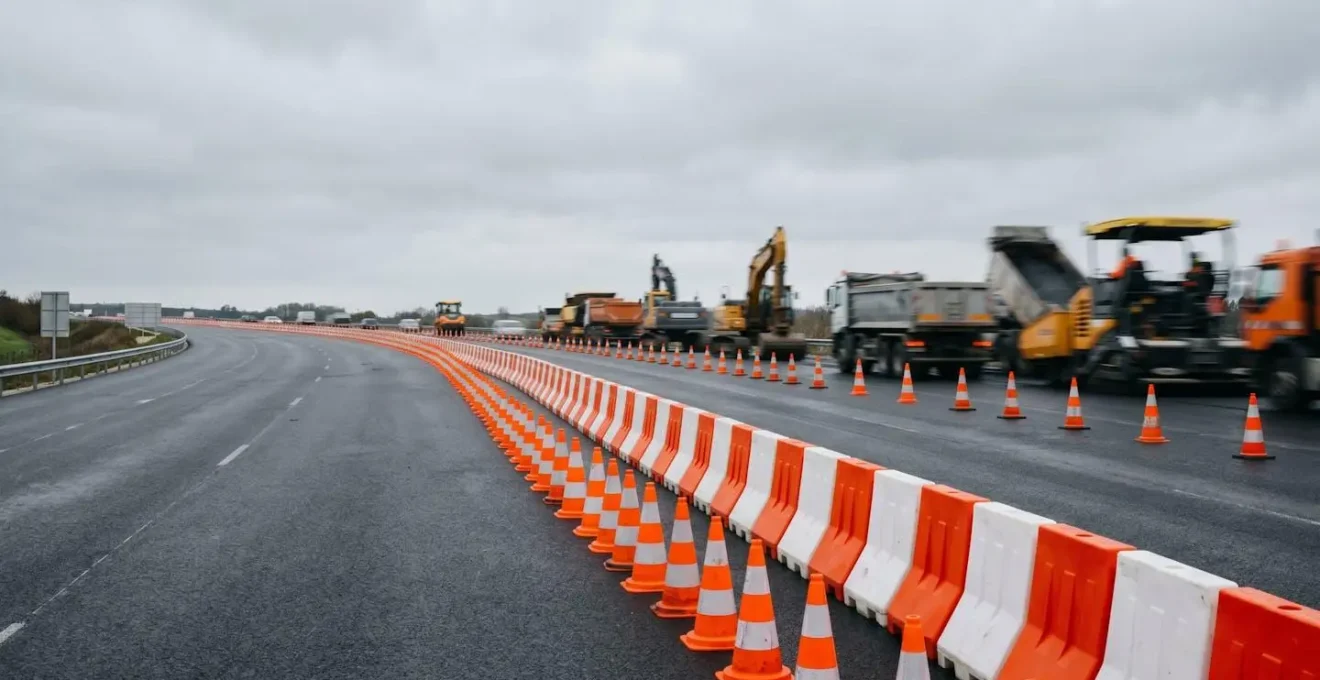 Vue large d'une zone de travaux autoroutière avec plots de signalisation et véhicules