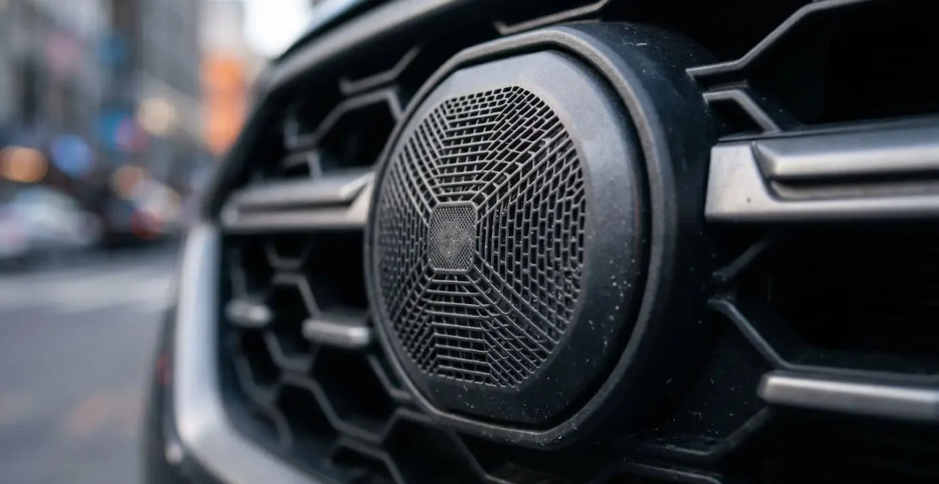 Vue rapprochée d'un capteur radar automobile dans un environnement urbain