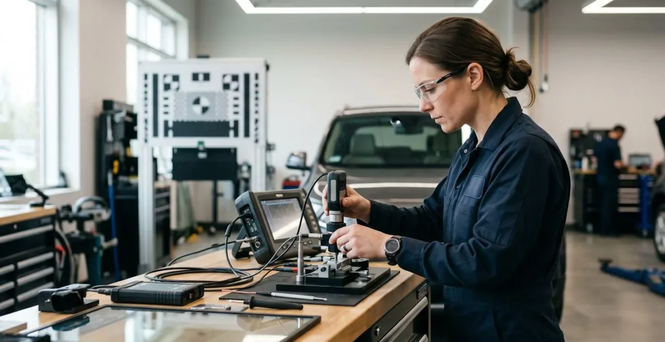 Technicien effectuant un recalibrage de caméra ADAS dans un atelier automobile